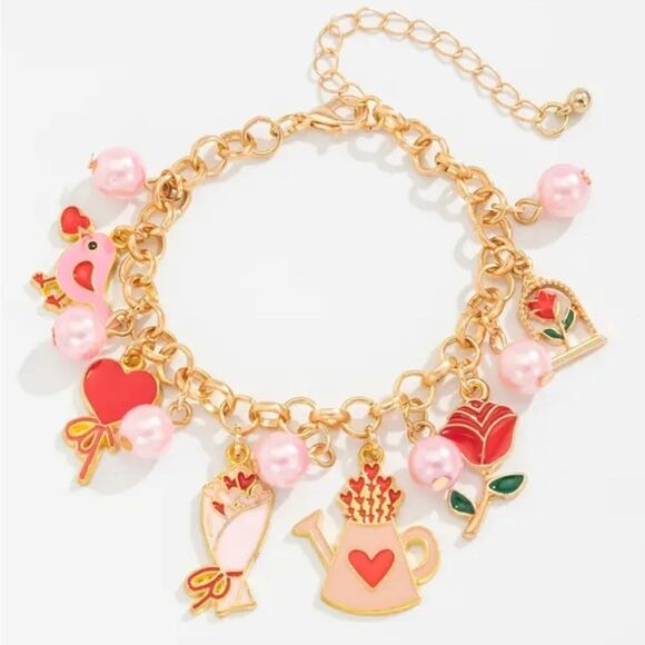New PINK PEARL heart rose bird boho charm bracelet - Picture 1 of 11